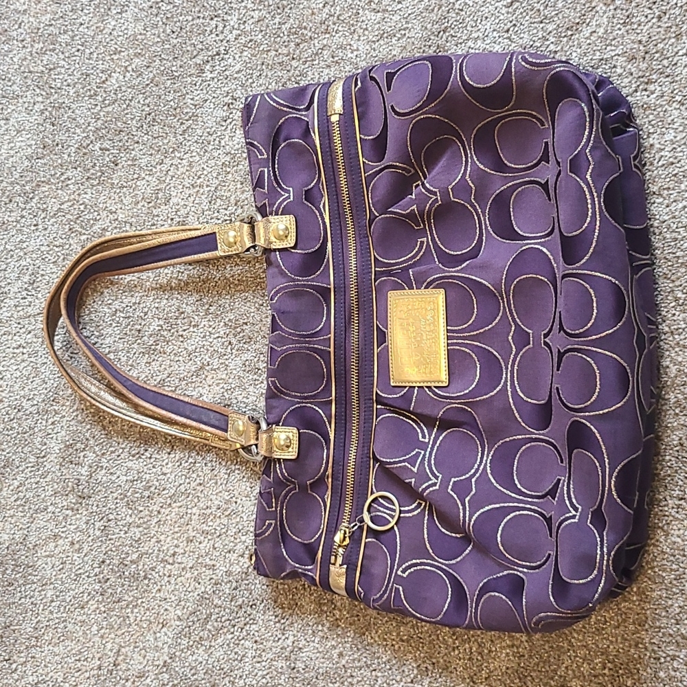 Coach Poppy Purple Signature Metallic Gold Purse
